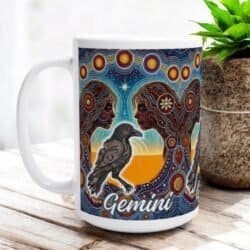a mug with a picture of gemini twin women and a crow in Aboriginal art