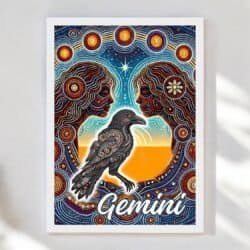 Gemini Women with Crow Aboriginal Astrology Art Framed Print features two mirrored profiles, a stylized crow, vibrant patterns, and a star above the word Gemini. A unique framed print perfect for celebrating Gemini women.