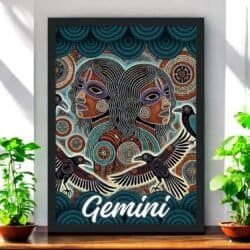 Gemini Men with Crows Aboriginal Astrology Framed Print features two abstract Gemini men, intricate patterns, crows, and circles. The word Gemini appears at the bottom, with green plants emphasizing its distinctive astrology theme.