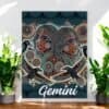 Gemini Men with Crows Aboriginal Zodiac Dot Art Canvas The Gemini Men with Crows Aboriginal Zodiac Dot Art Canvas features two masked men back-to-back, surrounded by patterns and black birds, with Gemini below. Inspired by Aboriginal zodiac motifs, it brightens any room among green plants.
