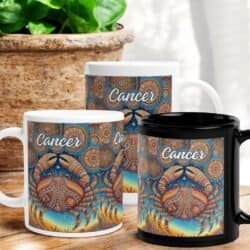 Three Cancer Crab Aboriginal Astrology Mugs are displayed on a table with a potted plant in the background. Two mugs have white handles, and one features a black handle.