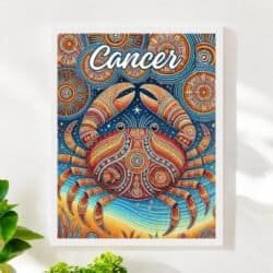 The Cancer Aboriginal Astrology Art Framed Print features a vibrant crab illustration with decorative patterns in swirling blue, orange, and yellow—an artistic representation of the Cancer zodiac sign inspired by Aboriginal Astrology.