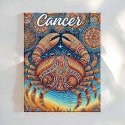 The Cancer Crab Aboriginal Zodiac Art Canvas features a vibrant, artistic crab with intricate patterns on a book cover, inspired by Aboriginal art. Cancer appears at the top in white script.