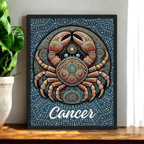 Gemini Aboriginal Astrology Twin Males with Crows Mugs The Cancer Zodiac Aboriginal Art Framed Print features a stylized crab with blue accents and intricate patterns, Cancer in white script below, elegantly framed and shown on a wooden surface beside a green potted plant.