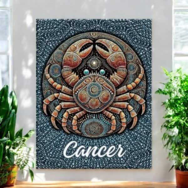The Cancer Crab Aboriginal Astrology Art Canvas showcases a stylized crab with intricate dot patterns, inspired by Aboriginal astrology. Cancer appears below the artwork, which is beautifully displayed between two plants.