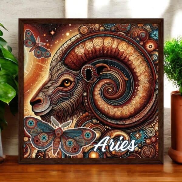 Aries ram with moth Aboriginal zodiac dot art framed print