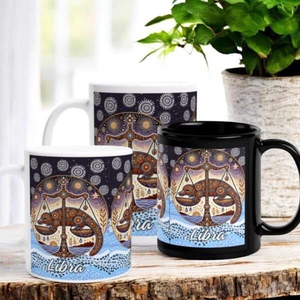 Gemini Aboriginal Astrology Twin Males with Crows Mugs Libra Scales with Platypus Celestial Aboriginal Art Zodiac Mug