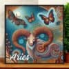 Aries Aboriginal Astrology Ram & Moth indigenous art wood framed print Aboriginal Aries rame with moth indigenous art design in blues and earth tones, framed in a preminum wood frame