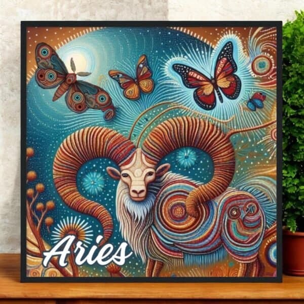 Aboriginal Aries rame with moth indigenous art design in blues and earth tones, framed in a preminum wood frame