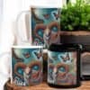 ries Aboriginal art mugs. beautiful blue greens and earthy tones