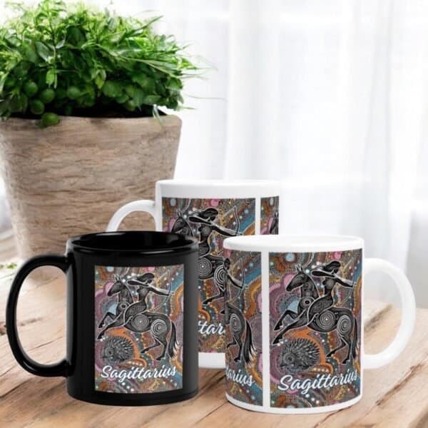 Gemini Aboriginal Astrology Twin Males with Crows Mugs Sagittarius Aboriginal Art Zodiac Mug