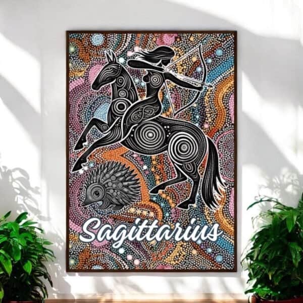 Aries Aboriginal Astrology Ram & Moth indigenous art wood framed print Sagittarius Female Aboriginal Dot Art Wooden Framed Print