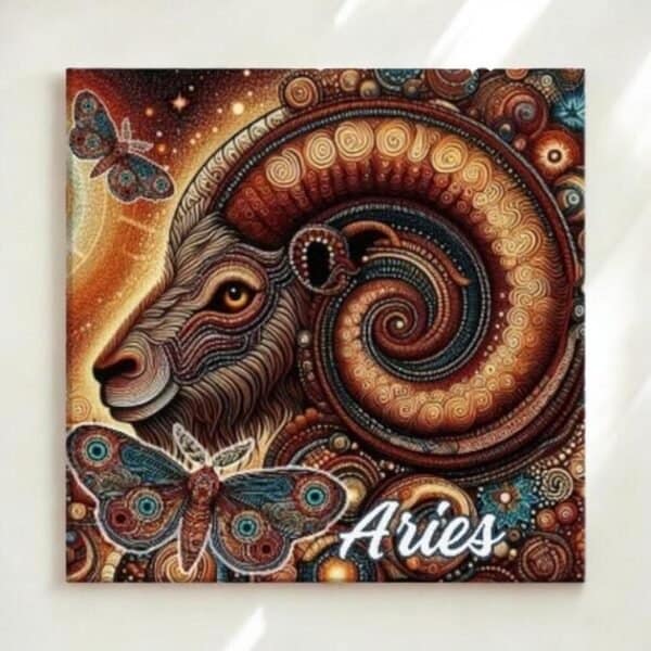 Aries Ram and moth Aboriginal zodiac dot art canvas in deep earthy tones