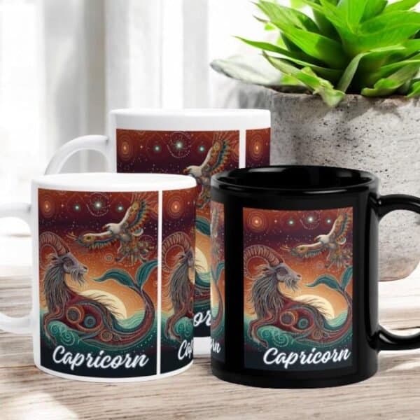 Gemini Aboriginal Astrology Twin Males with Crows Mugs Capricorn Aboriginal Art Seagoat with Sea Hawke , earthy tones Zodiac Mugs