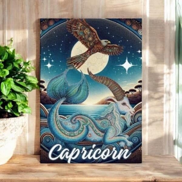 Capricorn Seagoat and Sea Hawk on the full moon Aboriginal Dot Art Canvas