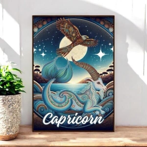 Sagittarius Male Aboriginal Dot Art Wooden Framed Print Capricorn Seagoat with Sea Hawk, on the Full Moon Aboriginal Dot Art Wooden Framed Print