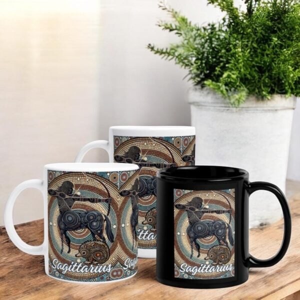 Gemini Aboriginal Astrology Twin Males with Crows Mugs Sagittarius Male Centaur Archer with Echidna Aboriginal Art Zodiac Mug