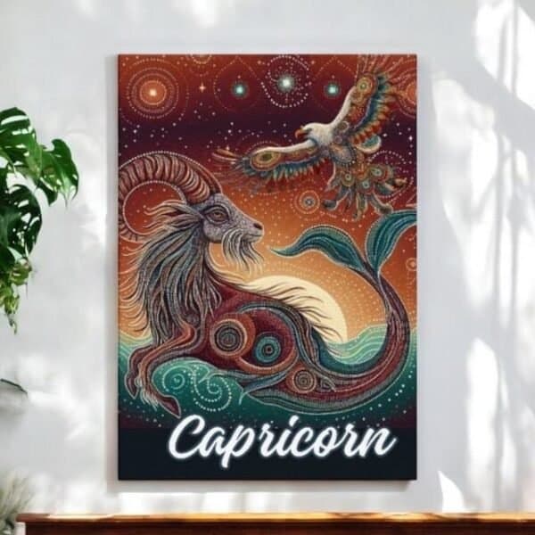 Capricorn Seagoat and Sea Hawk Warm earth tones Aboriginal Dot Art Canvas