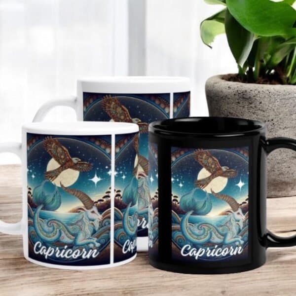 Gemini Aboriginal Astrology Twin Males with Crows Mugs Capricorn Aboriginal Art Seagoat with Sea Hawke on a Full moon Zodiac Mugs