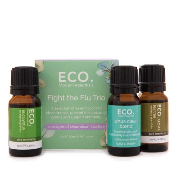 The Fight the Flu Essential Oil Trio Pack includes small bottles of eucalyptus, sinus clear blend, and tea tree oils to support sinus and immune health.
