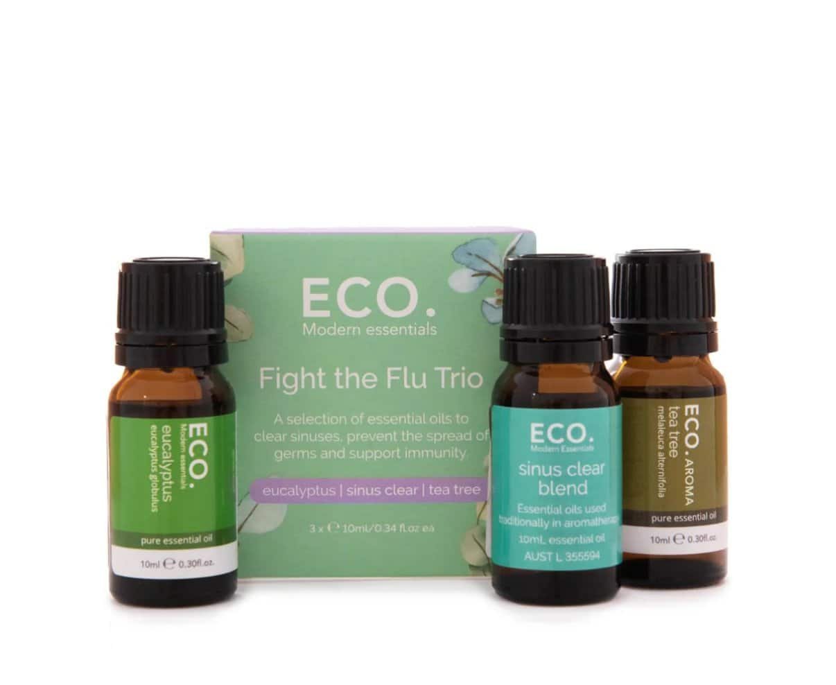 The Fight the Flu Essential Oil Trio Pack includes small bottles of eucalyptus, sinus clear blend, and tea tree oils to support sinus and immune health.