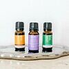 Three bottles from the Classic Essentials Trio Essential Oil Pack—orange, lavender, and peppermint—are displayed on a shiny silver tray against a white background.