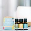 Sunshine State of Mind Essential Oil Blends Trio Pack Three ECO. essential oil bottles stand before a pastel Sunshine State of Mind Essential Oil Blends Trio Pack box, with a white diffuser blurred in the background—perfect for uplifting aromatherapy sessions.