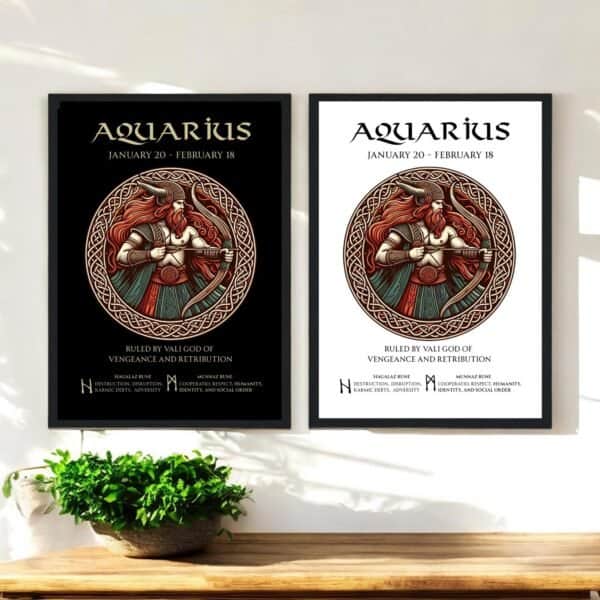 Aquarius Zodiac Norse God Vali with Runes on a Black or white background. Printable, Printed Or Wood Framed Print