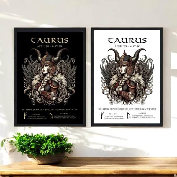 Taurus Zodiac Skadi Viking Goddess of Hunting and Winter with Runes. Black or white background. Printable, Printed Or Wood Framed Print.