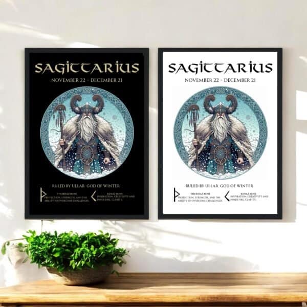 Sagittarius Zodiac Norse God Ullar with Runes on a Black or white background. Printable, Printed Or Wood Framed Print