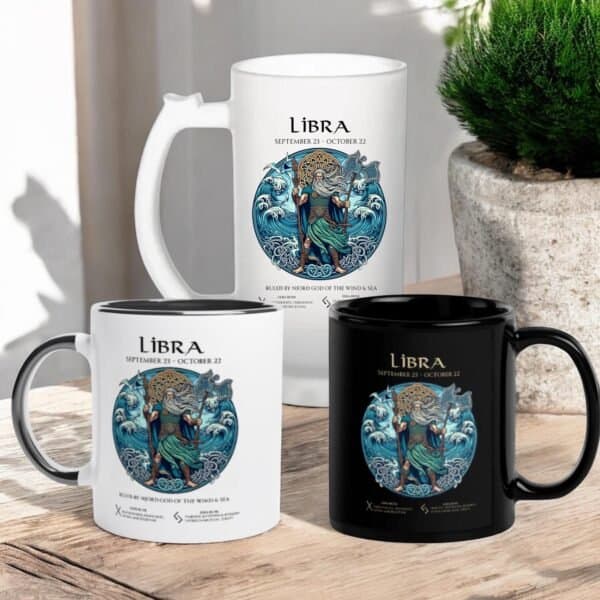 Libra Zodiac Viking God Njord with  and Runes. Coffee or Beer Mugs