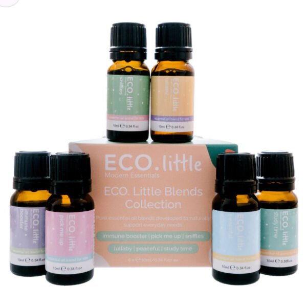 Relax and Unwind Essential Oil Trio Pack Six small bottles from the Eco Little Blends Collection are displayed around an ECO. little Modern Essentials box, each with colorful labels in purple, green, orange, and blue—perfect eco-friendly blends.