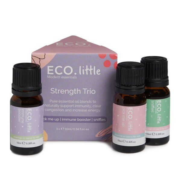Three bottles of ECO Little Strength Essential Oil Blends For Kids are displayed next to a purple triangular Strength Trio box, which highlights benefits such as supporting kids immunity and boosting energy.