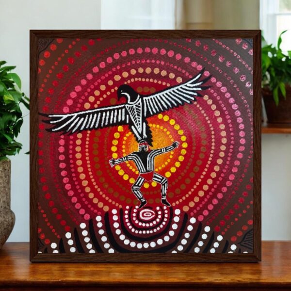 Fly Free -  Aboriginal Dot Art Wooden Framed Print featuring an Eagle and man in traditional Aboriginal Colours