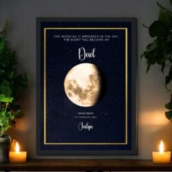 Golden Moon Phase Print on a stary night sky - The Night You Became A Mum, Dad, Grandparent, God Parent. Personalised Print or  Framed Print