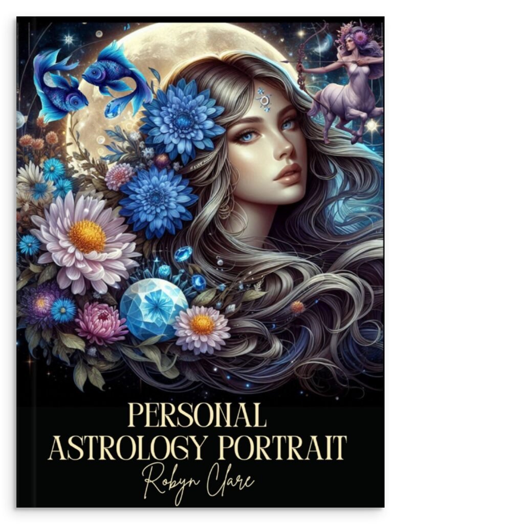A book cover titled Personal Astrology Portrait by Robyn Clare features a woman with flowing hair adorned with vibrant flowers, a full moon behind her, and zodiac-themed elements, including a pair of fish and a centaur.