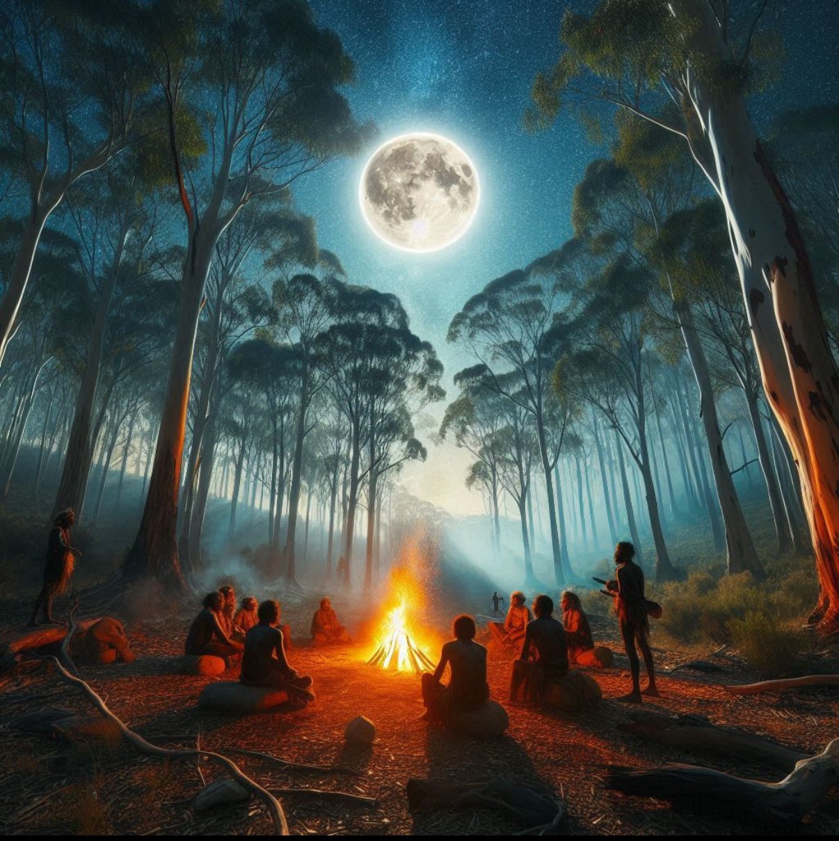 A group of people sit around a campfire in a forest at night, surrounded by tall trees under a bright full moon. The calm, atmospheric scene reflects the warmth and storytelling traditions of Aboriginal culture beneath a starry sky.
