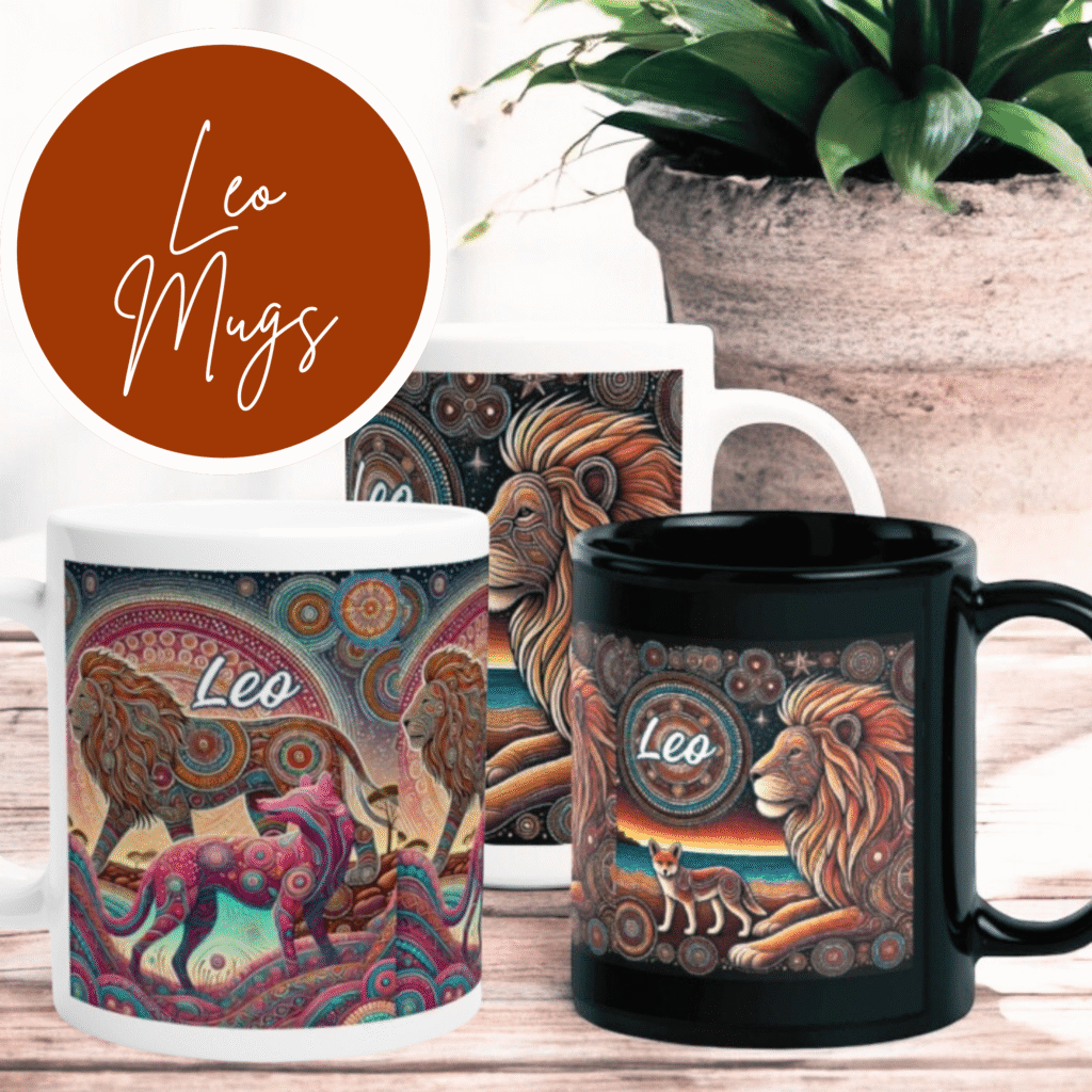 Three colourful mugs featuring artistic lion designs with Leo text are arranged on a wooden surface. A potted plant sits in the background. In the corner, a circle reads Leo Mugs in white script on a reddish-brown background.
