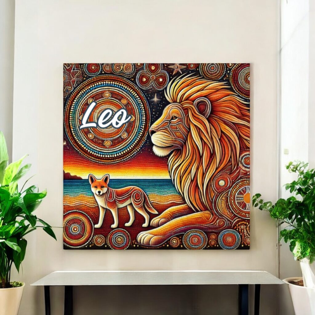 A vibrant painting featuring a lion and a fox beside the word Leo, with intricate circular patterns and warm, earthy tones, hanging on a wall above a console table with plants nearby.