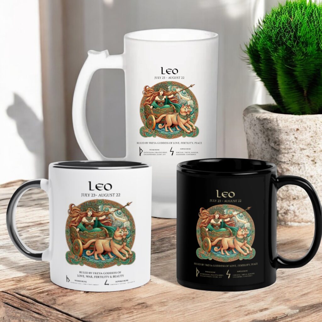 Three mugs—one tall white, one standard white, and one black—displaying an illustration of a goddess riding a chariot pulled by lions. The mugs also feature the Leo zodiac sign and its date range.