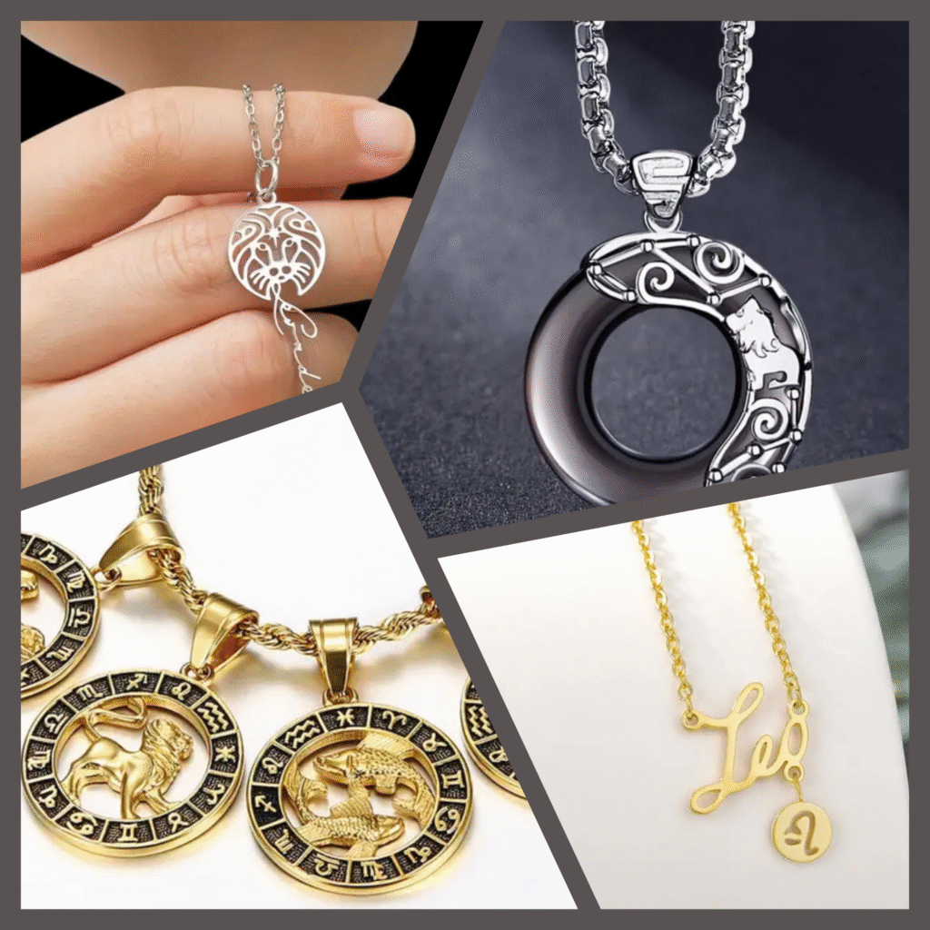 A collage of zodiac-themed necklaces: a hand holds a silver Leo pendant, a silver and black round pendant with a lion design, gold zodiac pendants, and a gold Leo necklace on a white display.