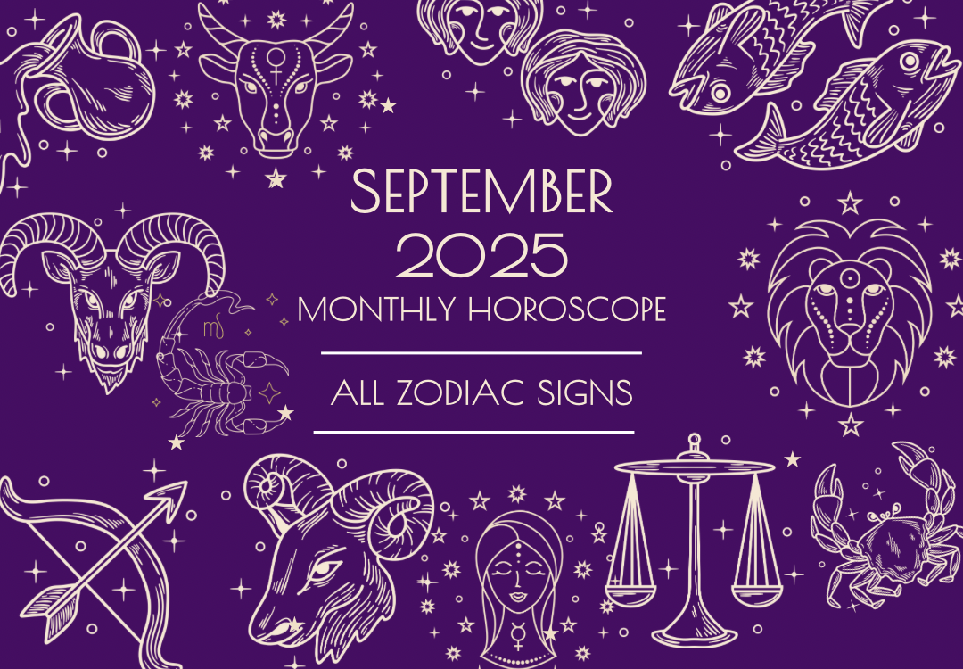 Purple graphic with white zodiac signs and constellations framing text that reads: September 2025 horoscope, All Zodiac Signs.