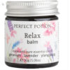 Perfect Potion Relax Balm A 30g jar of Perfect Potion Relax Balm, featuring pastel floral designs and a label highlighting pure geranium, lavender, and ylang ylang essential oils.