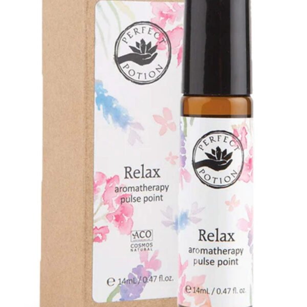 A brown glass Relax Pulse Point Roll On Essential Oil sits in front of a matching floral-patterned box, both displaying the Perfect Potion brand name.