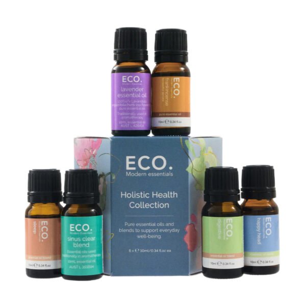 Breathe Individual Shower Steamers Six bottles from the Holistic Health Essential Oil Collection are arranged around its blue box, featuring blends like lavender, energy, and sinus clear for holistic wellness, all set against a white background.
