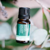 A 10ml Blue Mallee Eucalyptus Pure Essential Oil bottle sits on green and white eucalyptus leaves with a blurred natural background.