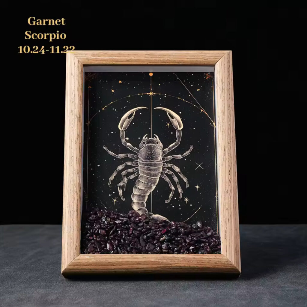 Scorpio Season The Zodiac Crystal Frame – Astrology Wall Art with Healing Crystals features a scorpion on a starry background, garnet stones at the base, and “Garnet Scorpio 10.24–11.22” in the top left corner.
