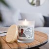 The Custom Memorial Candle – Personalised Photo & Quote | 11oz Frosted Glass Wood Wick Candle rests on a wooden table, its gentle glow adding warmth and comfort to the room—a heartfelt tribute in elegant, personalised form.