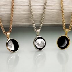 A collection of Custom Moon Phase Necklaces, each capturing your favorite lunar moment with stunning moon imagery.