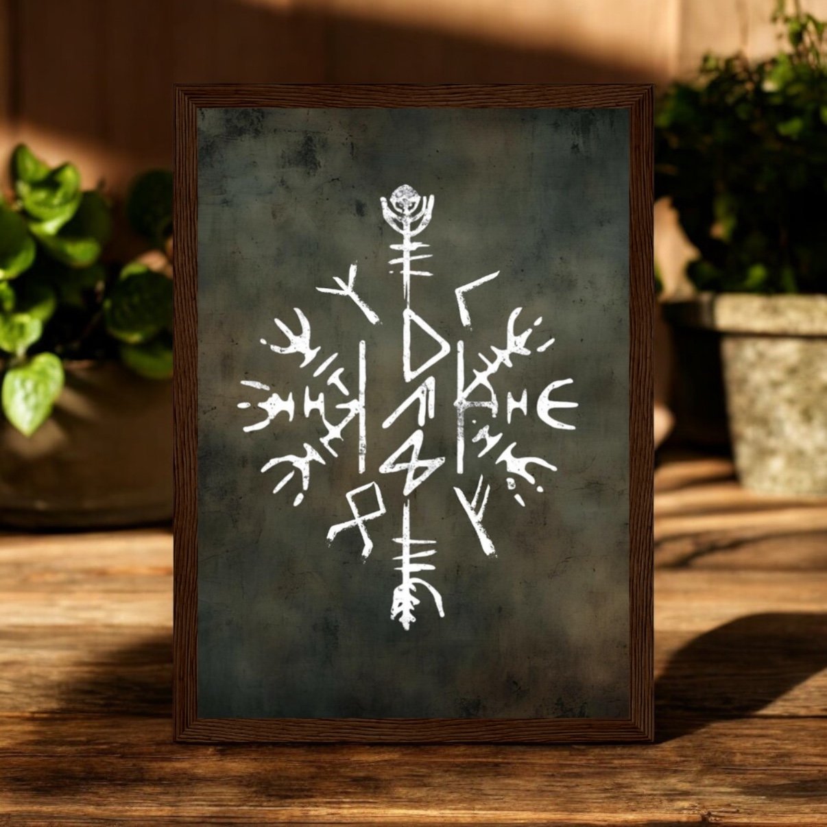 The Viking Stave For Dad Wooden Framed Print features an intricate white Viking stave on a dark textured background, displayed on wood with potted plants—an ideal gift for dads who love Norse mythology.